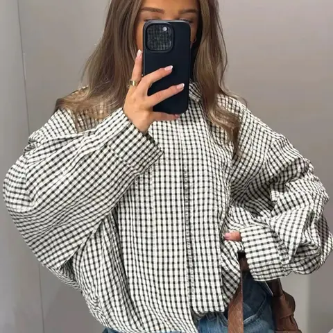 Plaid Oversized Jacket Women's Bomber Jacket Spring Autumn 2026 Casual Crop Pleated Long Sleeve Top Fashion Stand Collar Zip-Up Pilot Coat Office Commutes & Brunch Dates Outerwears Plaid Pattern Outerwear