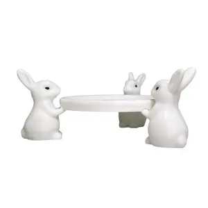 Three Rabbits Storage Tray 3D Printed White Bunny Statue with Dish Keys Earrings Jewelry Display Holder Table Desk Organizer Premium PLA Material Whimsical Design