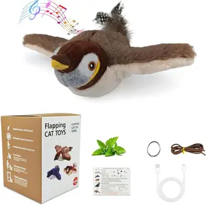 Upgraded Interactive Chirping Bird Cat Toy with Flapping Wings, New Flying Bird Cat Toy, Flight Simulation Electric Sparrow Shaking Hunting Pet Toy, Suitable for Indoor - Large (Brown)
