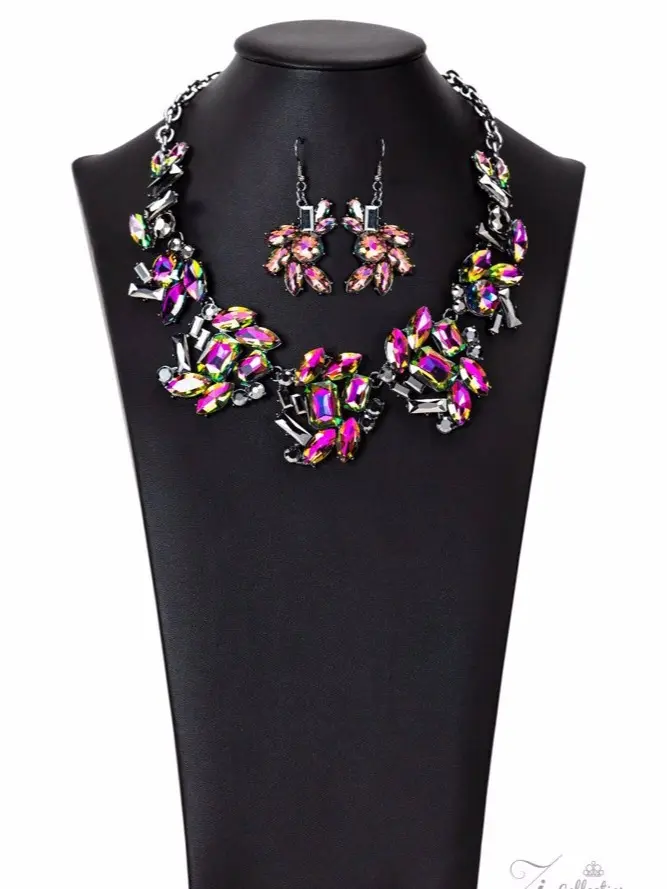 Obsessed Zi Collection Futuristic Sparkle Necklace & Earrings Set with Hematite Rhinestones Adjustable Clasp Closure Faceted Gemstones Prismatic Design