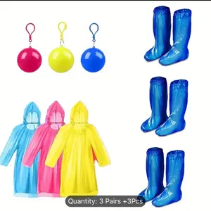 3 Pairs Shoe Covers & 3pcs Disposable Emergency Rain Ponchos, Large Thicker Boot, Waterproof Raincoats In Keychain Ball For Men Women