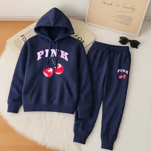 Women's Cherry Print Hoodie And Drawstring Track Pants Set, Casual Sportswear, Long-Sleeved Hooded Jacket And Pants, Suitable For Autumn And Winter, Everyday Wear, Indoor And Outdoor Sportswear, Casual Sportswear.