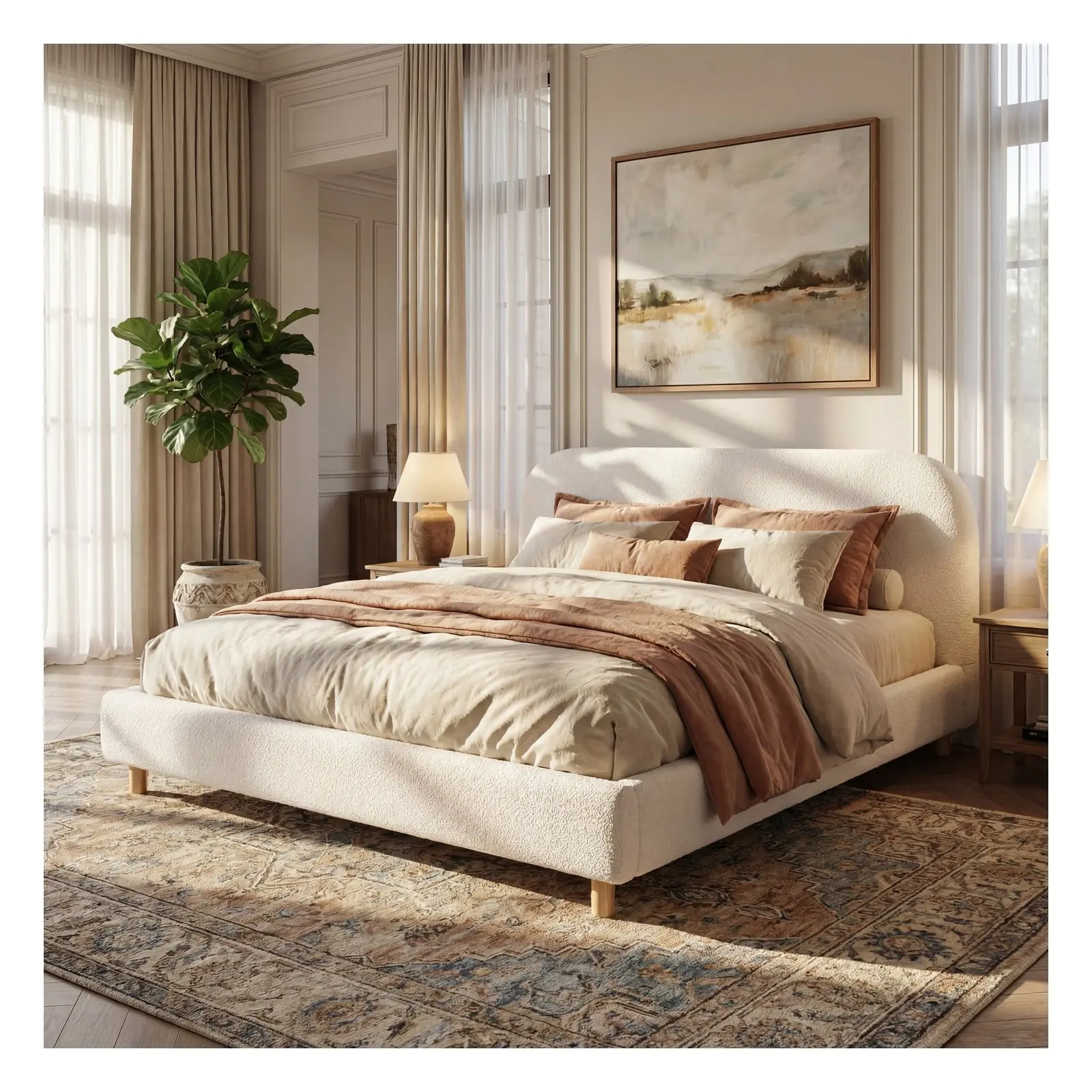 King/California King Size Upholstered Platform Bed Frame with Headboard, White/Olive Green