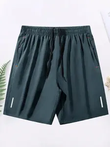 Men's Solid Color Gym Shorts, Elastic Waistband with Drawstring, Reflective Strips, Zipper Pocket, Ideal for Gym, Running, Hiking, Running Workout Shorts