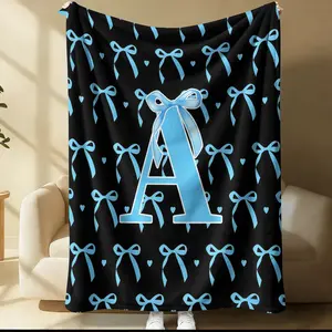 Alphabet A-Z Initial Letter Throw Blanket, Soft Flannel Black & Light Blue Bow Print Blanket, Cozy Nap Blanket for Couch & Office, Perfect Personalized Gift for Girls, Decorative Giftable Blankets