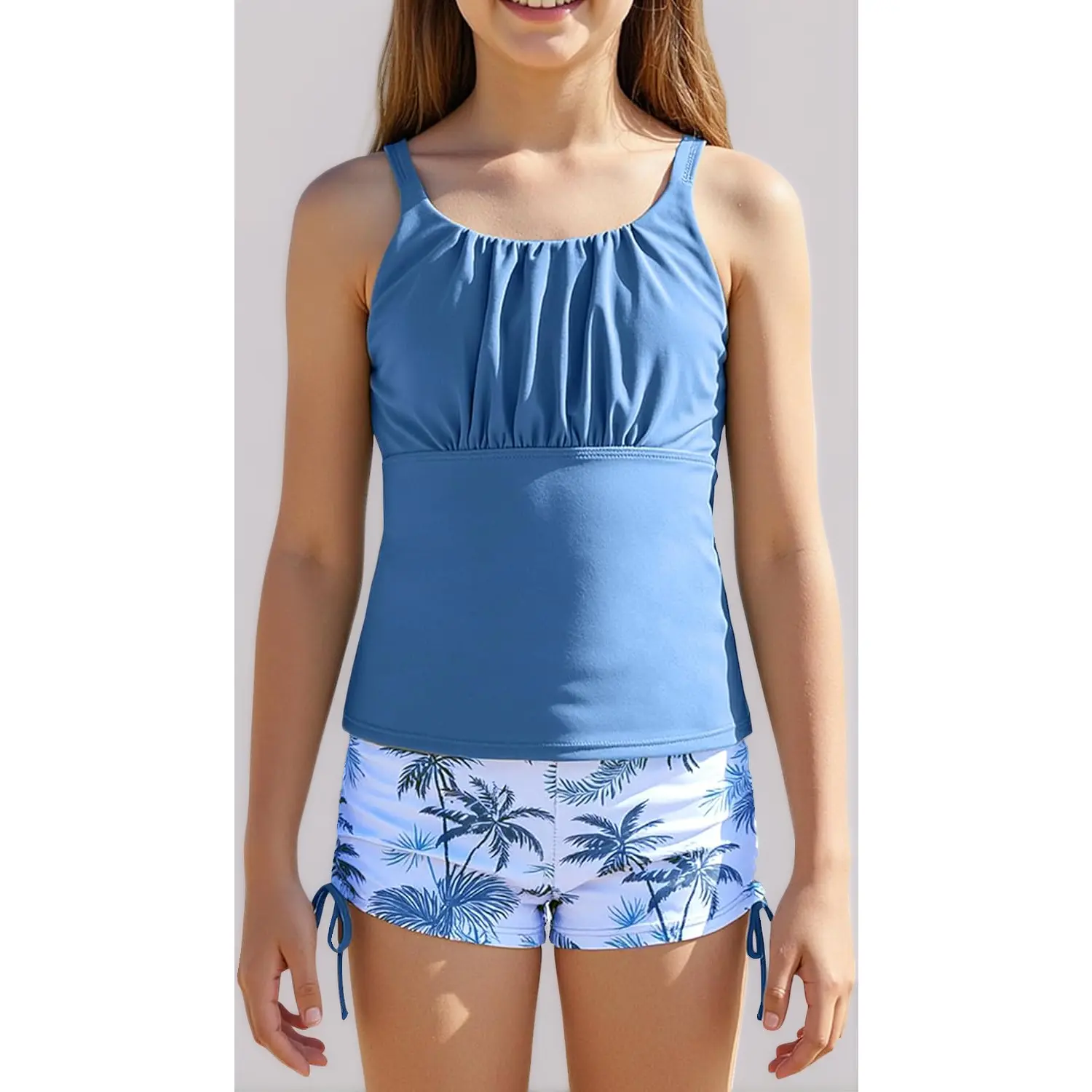 Girls' Multi-Size 2-Piece Stretchy Graphic Tankini Swim Set - Sleeveless Printed Bathing Suit with Drawstring Shorts for Ages 7-16