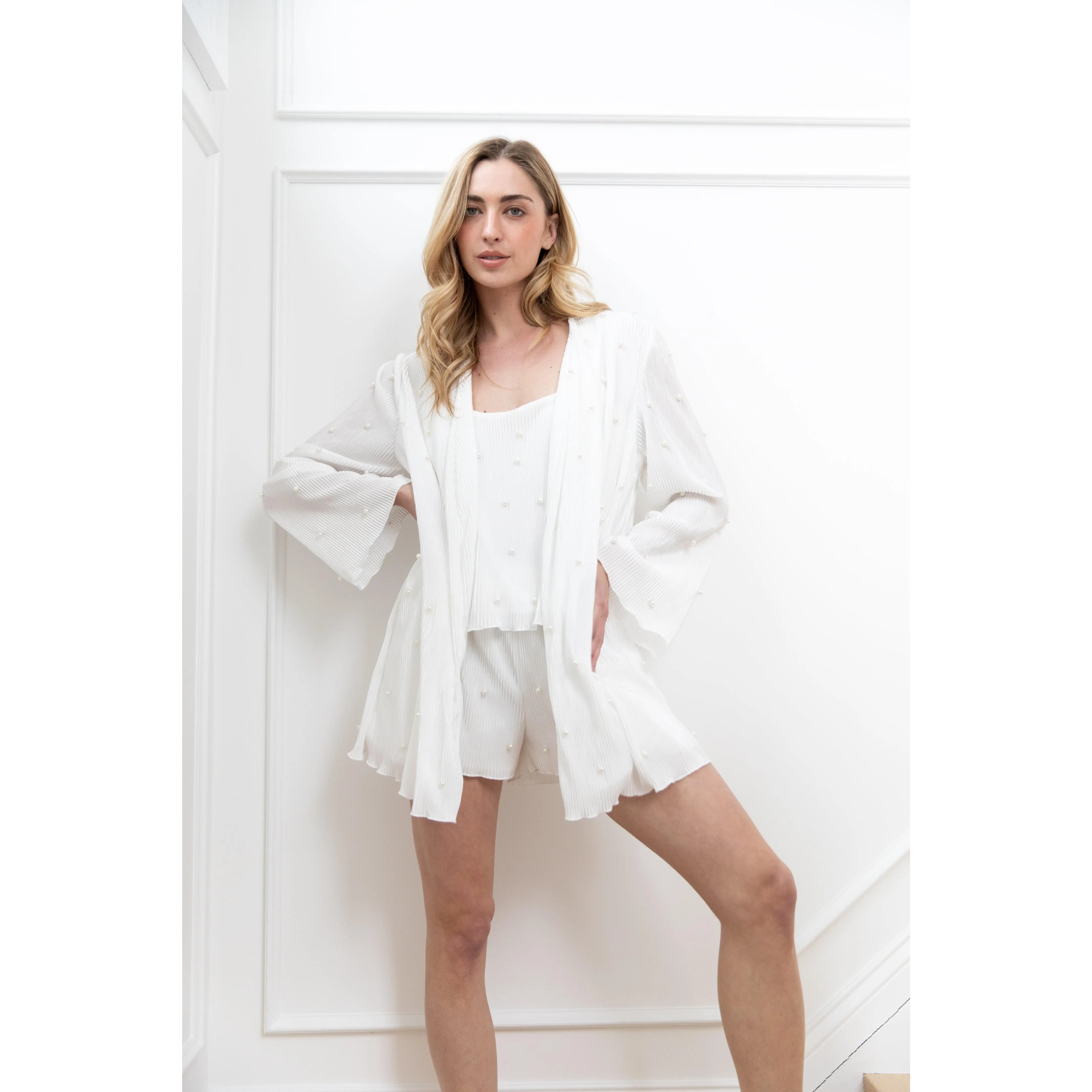 Paige Pearly Robe - White Pearl-Embossed Fitted Long Sleeve Summer Robe with Detachable Belt for Bridal Prep & Honeymoon