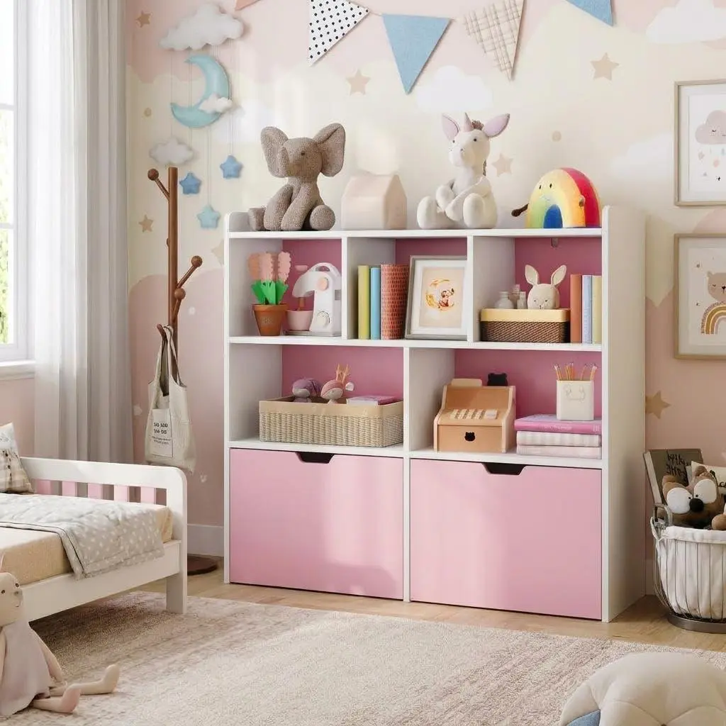 Toy Storage Cabinet, Kids Bookshelf with Movable Drawers and Open Shelves, Kids Bookcase Organizer for Playroom Nursery Kindergarten, Pink