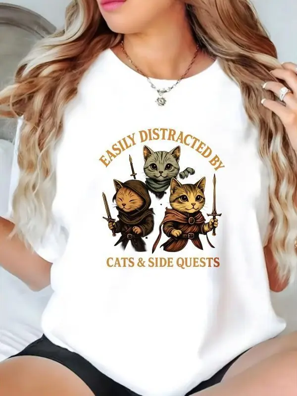 Easily Distracted by Cats and Side Quests T-Shirt, Dnd Fan Shirt, Dragons Graphic Tee, Dungeon Master Tee, DnD Dad Gifts