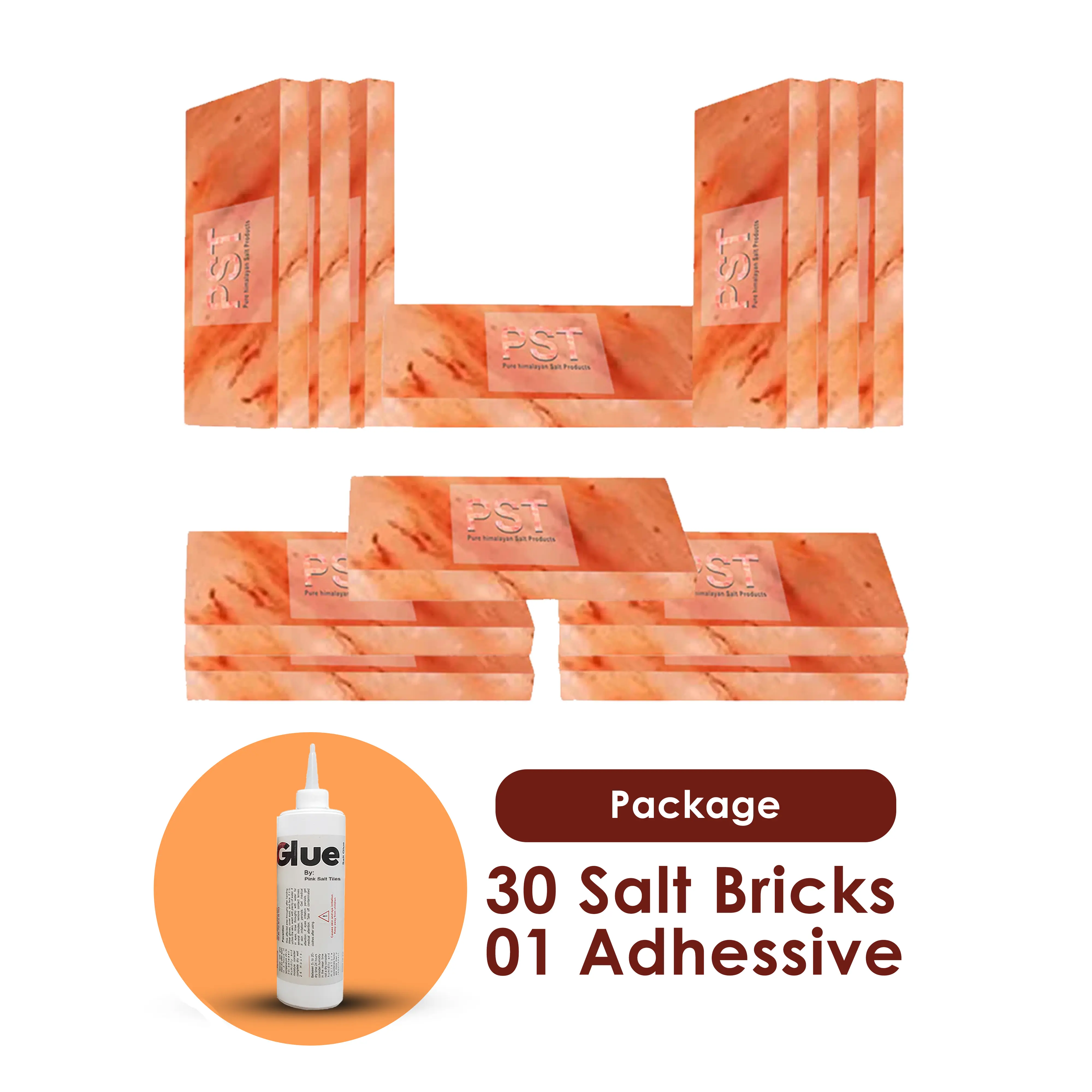 Pink Salt Bricks Pack of 30 With 1 Free Adhesive - Himalayan Bricks 8x4x1