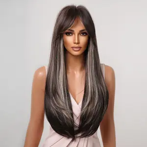 Trixie-DWY Long-length Stright Black with Highlights Glueless Synthetic Wig for Women 28 Inches