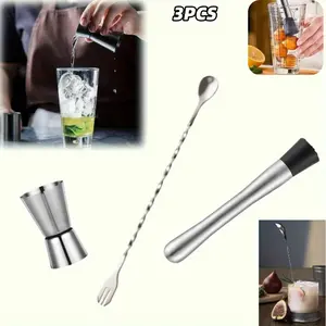 3pcs Bartending tool - Stainless Steel Muddler for Cocktails, Long Handle Mixing Spoon and 0.5/ 1oz Measuring Jigger Glass Utensils