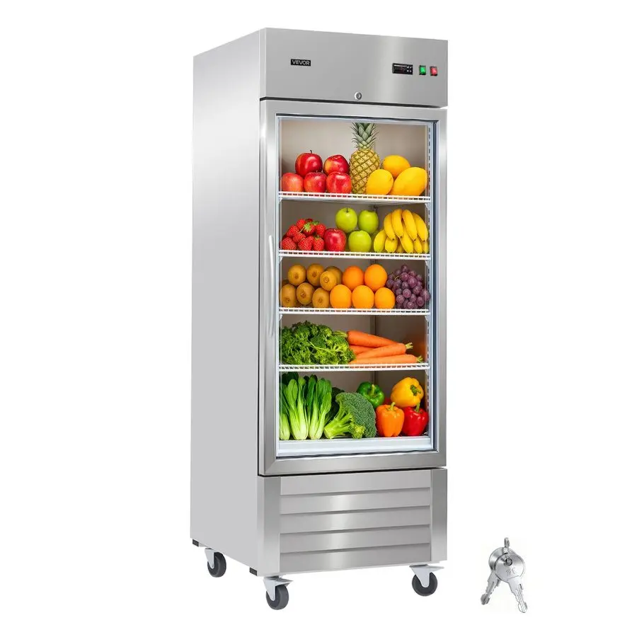 【DealsForYouDays】VEVOR Commercial Stainless Steel Reach-In Upright Refrigerator, 29.02 in Wide, 21.5 Cu. ft (608 L) 195 W Auto-Defrost Unit, 4 Adjustable Shelves, 32-50°F Temp Range, 360° Universal Casters, 251.3 lbs, AC 115V Plug, 737x818x2095 mm