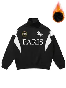 French Vintage Classic High Neck Sweatshirt, Unisex Fall Winter Fleece Pullover, Paris Print, Half-Zip Stand Collar, Casual Loose Fit, Fashion