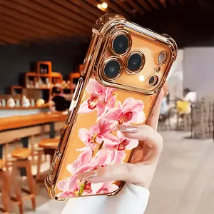 Pink Orchid Floral Case for iPhone 17 Air 16 15 14 Pro Max 13 12 11 X XS Plus Rugged Durable Shockproof Anti-Scratch Soft Silicone Four-Corner Thickened Electroplated Bumper Mother's Day Gift