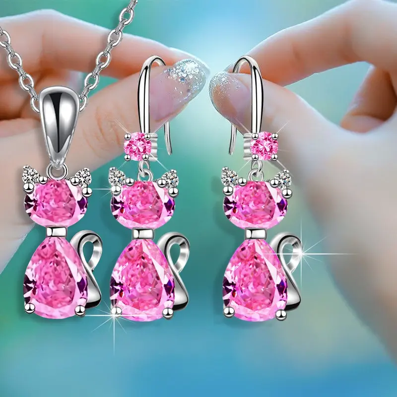 Cute Kitty Cat Blue Crystal Jewelry Set, Silver Tone Blue Topaz Pendant Necklace & Leverback Dangle Earrings for Women Girls Birthday Gift