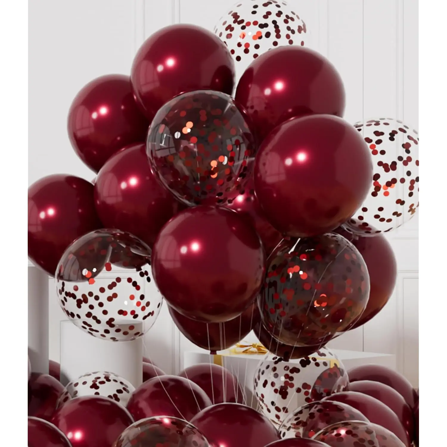 42-Piece Burgundy & Confetti Balloon Set with 64ft Ribbons for Celebrations and Party Decor