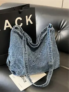 Large capacity casual versatile shoulder bag, washed denim fabric, simple and comfortable crossbody bag, stylish handbag, suitable for outdoor commuting, etc, Trendy Commuting Bag, Crossbody Tote Bag, Trendy Commuter Bag