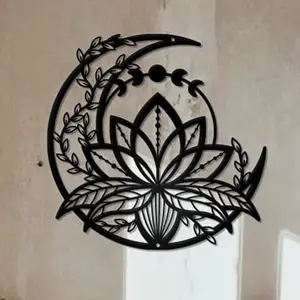 Lotus & Moon Design Wall Art, 1 Count Metal Wall Decoration, Wall Hanging Decor for Home Living Room Bedroom Garden Office, Modern Home Decor, Hangable, Decorative Artwork, Aesthetic Wall Decor