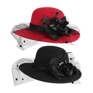 Women's Dome Flower Decor Felt Cloche Hat Veiled Floppy Brim Felt Church Party Hat Vintage 1920s Elegant Charming Hat for Party Wedding