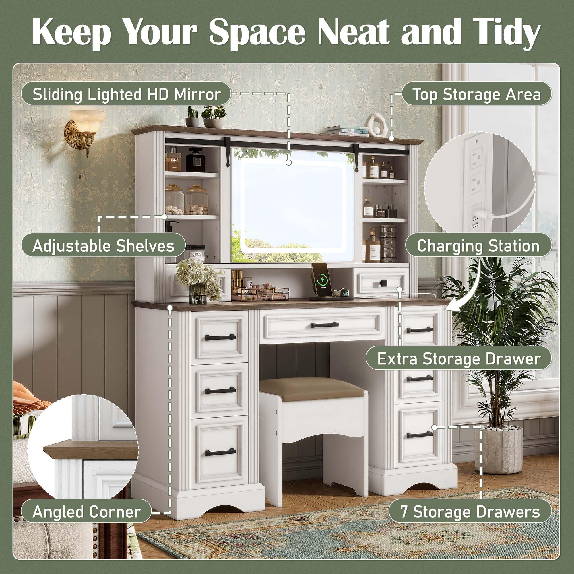 Bellemave 47.2" Farmhouse Makeup Vanity Desk with Sliding LED Mirror, Large Vanity Set, 9 Drawers, Charging Station, White & Brown