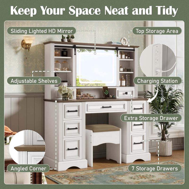 Bellemave 47.2" Farmhouse Makeup Vanity Desk with Sliding LED Mirror, Large Vanity Set, 9 Drawers, Charging Station, White & Brown