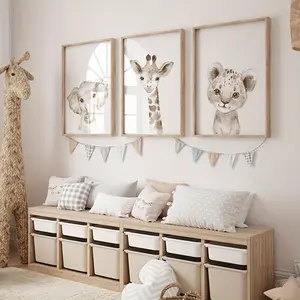 3pcs Nursery Wall Art - Animals Elephant Giraffe Leopard - Gender Neutral Canvas Painting Wall Art Decor - For Baby Nurseries -  Suitable for New Year & Eid Al-Adha - Perfect Gift for New Parents Wall Decoration Artistic