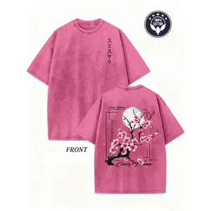Men's 100% Washed Round Neck Shortsleeve T-Shirt - Floral Cherry Blossom Print Loose Knit Fabric Top, Menswear Casual Loose Fit Street Style for Weekend Use,summervibes Crewneck