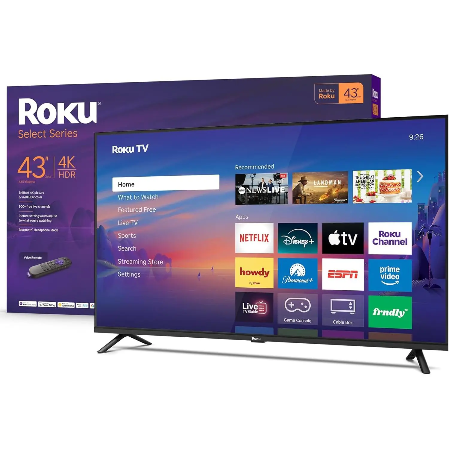 Roku 43-Inch Smart TV 2026 - Select Series, 4K HDR TV - RokuTV | Flat Screen LED Television with Voice Remote, Wi-Fi & Bluetooth Headphone Mode - Streaming Live Local News Sports & Movies