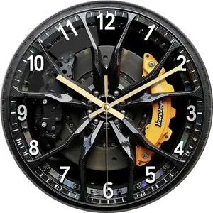12 Inch Silent Glass Wall Clock, Racing Wheel Design, Thick Reinforced Glass, Battery Powered, Modern Living Room & Bedroom Decor Gift, Home Decor
