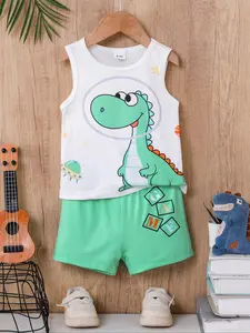 Baby's Cartoon Dinosaur Print Tank Top & Letter Print Shorts Two-piece Set, Cute Casual Sleeveless Top & Shorts, Infant Toddler Kids Summer Outfits, Baby Clothing
