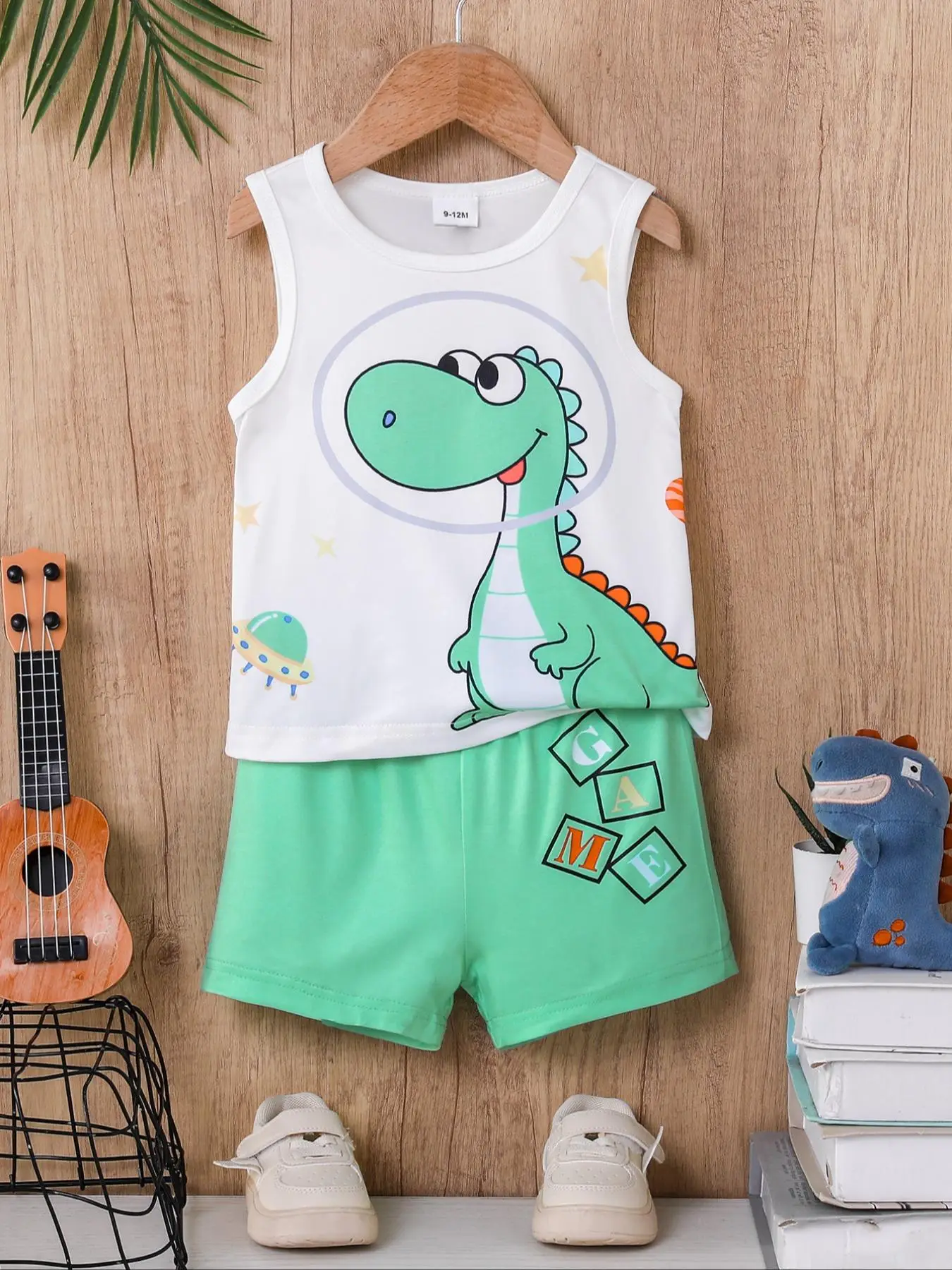 Baby's Cartoon Dinosaur Print Tank Top & Letter Print Shorts Two-piece Set, Cute Casual Sleeveless Top & Shorts, Infant Toddler Kids Summer Outfits