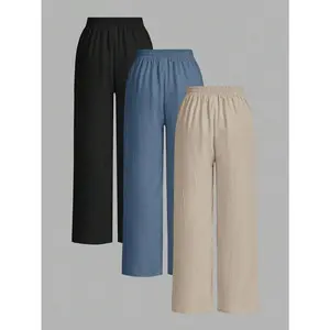 3packPantalonesDeMujerSummerPantsWomen'sSolidColorWaist-TieWideLegLooseCasualPants