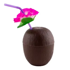 Disposable Plastic Coconut Drink Cups with Tropical Flora Straws - Pack of 12