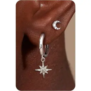 2 Pair White Gold Plated Earring Stack | S925 Silver Post for Sensitive Ears | Dainty Multi-Piercing Set