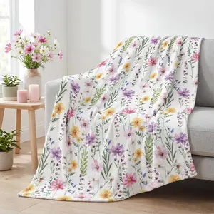 Spring Summer Flannel Blanket Throw, Watercolor Wildflowers Fleece Soft Fuzzy Plush Cozy Fleece Blankets for Couch Sofa Bed Lounging, Ideal Gifts for Kids Adults
