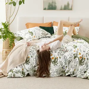 Bohemian Style Floral Duvet Set, Enlarged Size Bedding with Unique Cover & Pillowcases, All-Season Cottage Wildflower Leaf Design