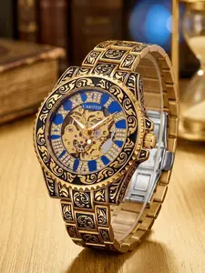 A men's fashion hollow-out blue dial Roman numeral carved strap, personalized trendy simple and stylish, versatile for daily wear, exquisite mechanical watch