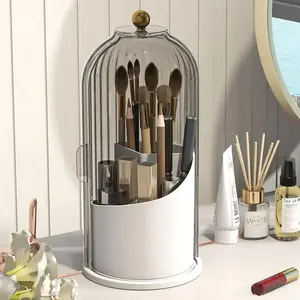 360 Rotating Dustproof Makeup Brush & ToothbrushHolder-Clear Transparent Storage Organizer with Lid forVanity Bathroom Countertop clear dustproofstorage box