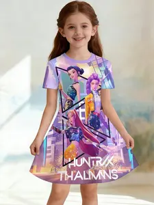 Girls' 3D Short Sleeve Dress, K-Pop Demon Hunters Neon Stage Print, Summer Party Wear, Perfect for Gifts and Birthdays