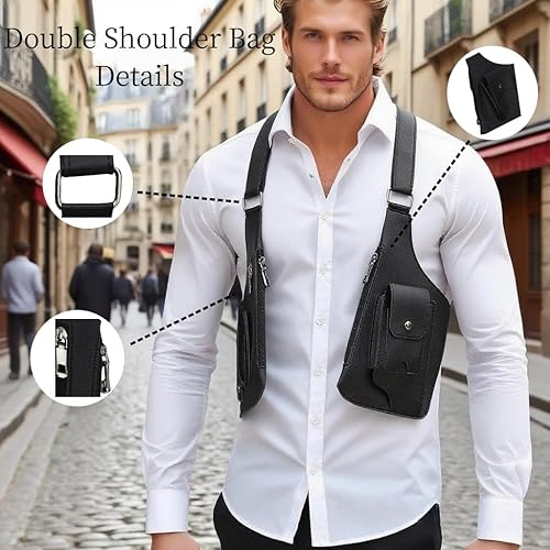 Double Shoulder Armpit Bag for Men, Fashion Leather Double Shoulder Straps Holster Wallet Adjustable Oxford Cloth Underarm
