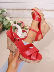 Women's PU Thick Sole Wedge Sandals, Stylish Cross Strap Detail, Adjustable Ankle Strap, Toe-Open Design, Perfect for Vacation and Festive Wear