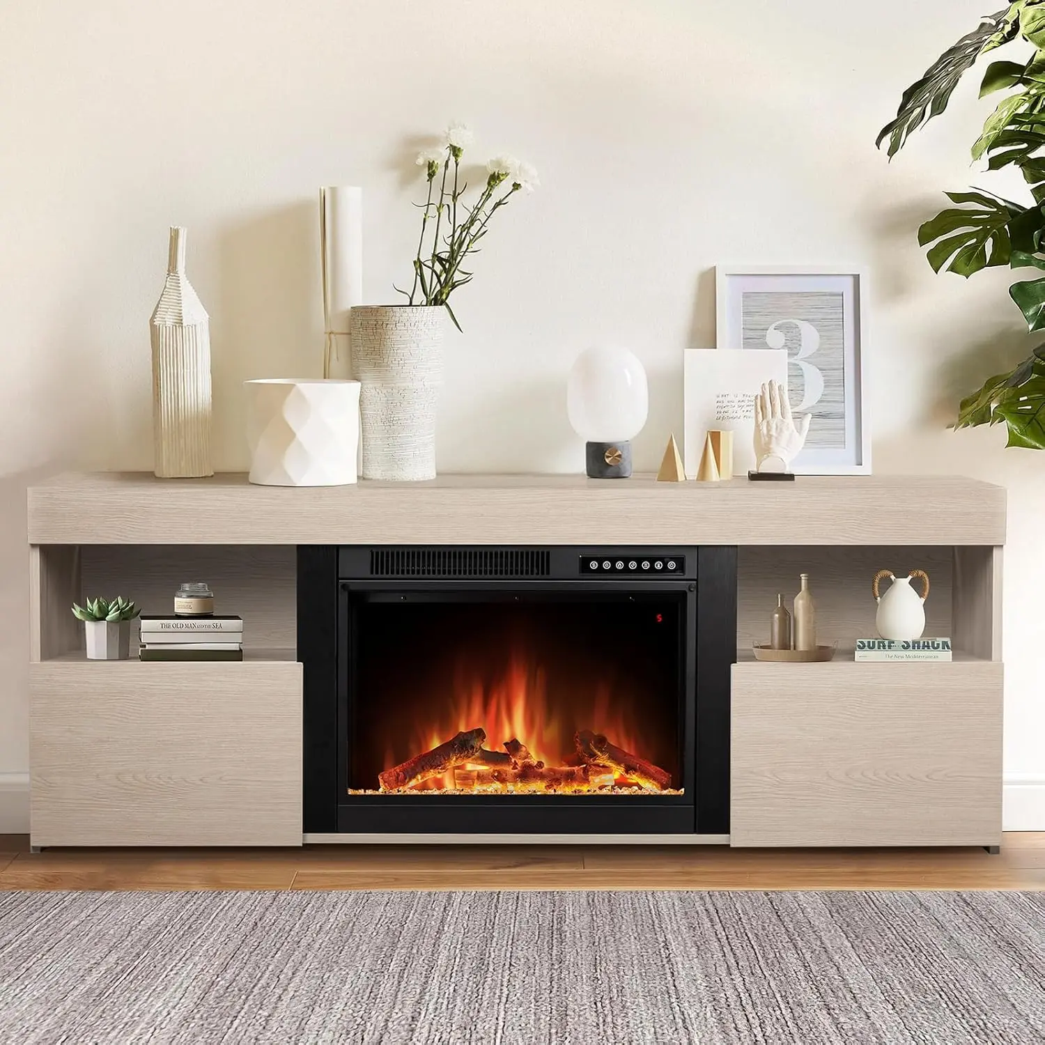R.W.FLAME 60'' Wall Mount Electric Fireplace Heater with Mantel, Remote, 4 Flame & 12 Ember Colors, Thermostat Control, Overheat Protection, for Indoor Use, 4 Flame Colors, 4 Realistic Flame Colors