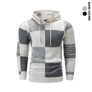 Men's drawstring hooded pullover, elegant knit sweater with colorblock contrast panels, long-sleeve formal and casual winter men's sweater, hand wash cold weather attire, suitable for office, semi-formal occasions, and casual dress up Cotton Fleece