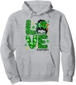 Love Auntie Life Leopard Messy Bun St Patrick's Day Shamrock Pullover Hoodie - Anarosavill Shop 31B0BRHG5YKS