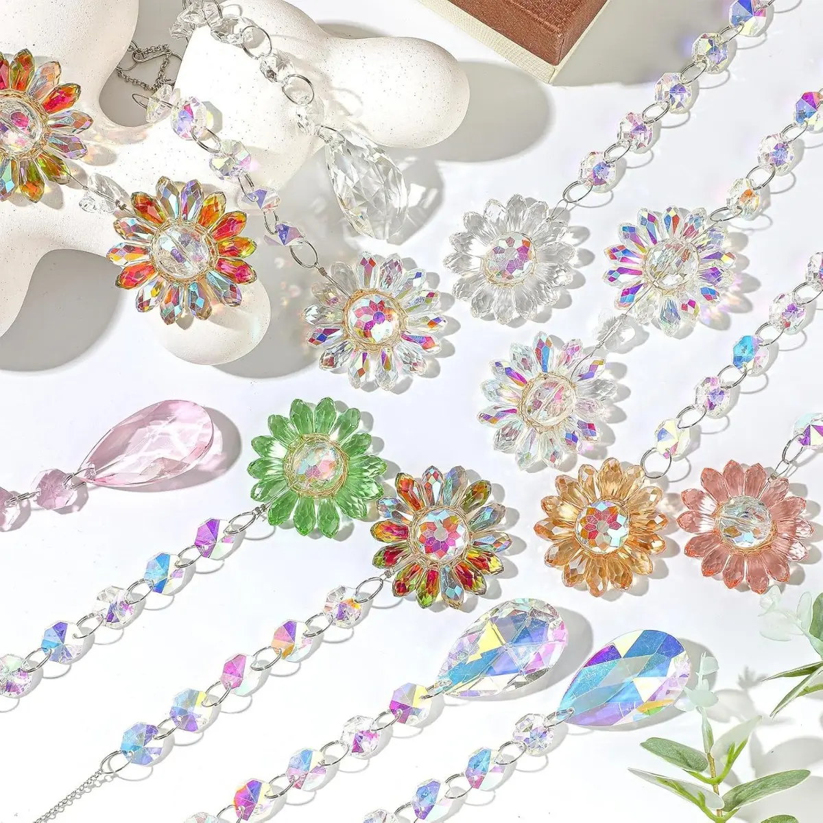 12 Pcs Crystal Suncatchers Hanging Ornaments-Sunflower Design with Crystal Prism, Colored - for Window, Party, Wedding, Garden, Home Decor Gifts