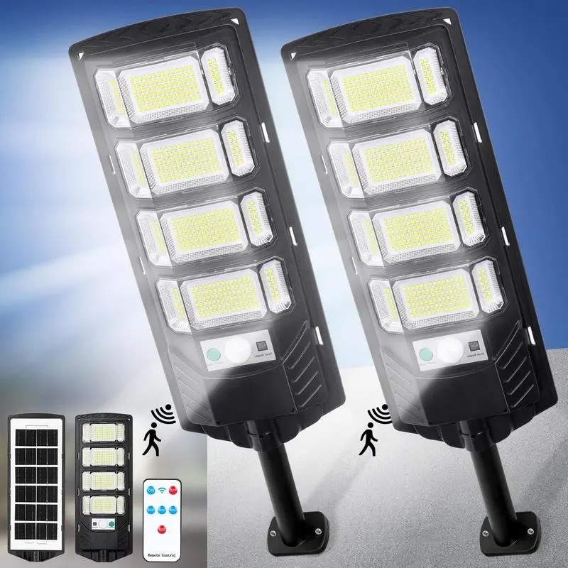 2-Pack Outdoor Solar LED Flood Lights, 12,000-Lumen Solar Street Lights, Waterproof Dusk-to-Dawn Wall-Mount Security Lights with Motion Sensors and Remote Controls for Yards, Driveways, and Parking Lots