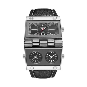 Square Rectangle Leather Watch: Multi-Time Zone Large Dial Leather Strap Watches Analog Quartz Tank Wristwatch for Men