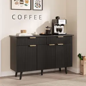 Garvee Modern Fluted Buffet Storage Cabinet with 2 Drawers & 3 Doors, 47" Sideboard Cabinet with Adjustable Shelves, Large Coffee Bar with Storage, Console Table for Kitchen Black