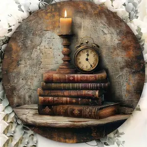 Vintage Aluminum Wall Art Decor With Stacked Books Candle And Clock Retro Home Decor For Living Room Library Cafe Holiday Birthday Graduation Gift